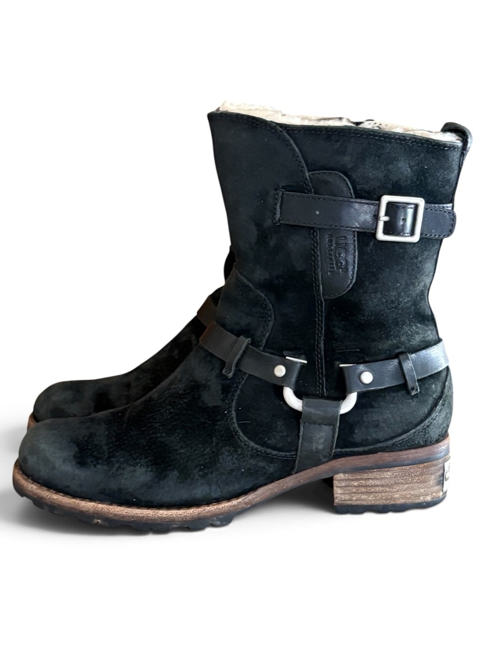 UGG Endell Biker Black Suede with Shearling Buckle Detail Moto Ankle Boots